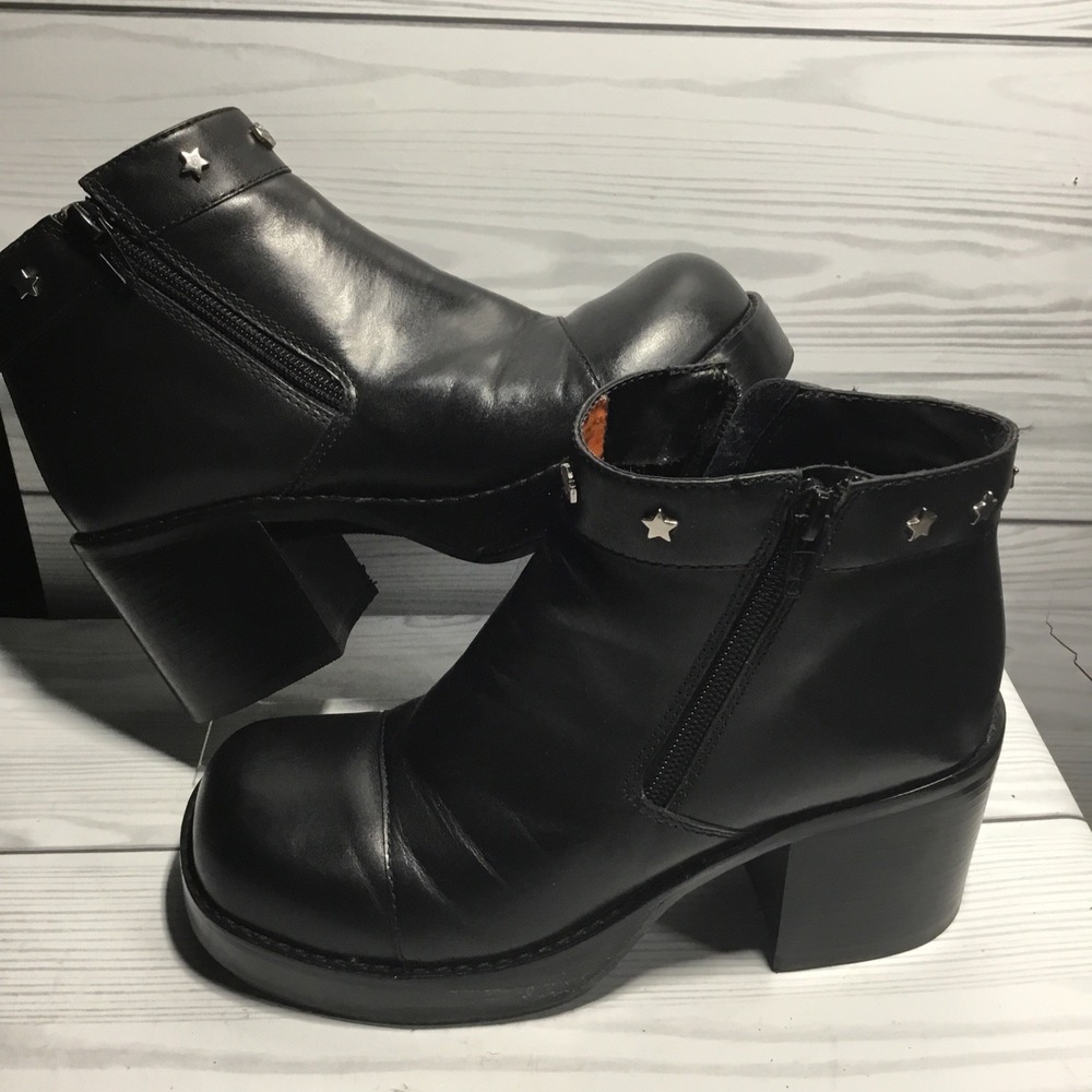 Harley-Davidson Black Leather Ankle Moto Boots Star Studs Side Zip SZ 6.5 Y2K